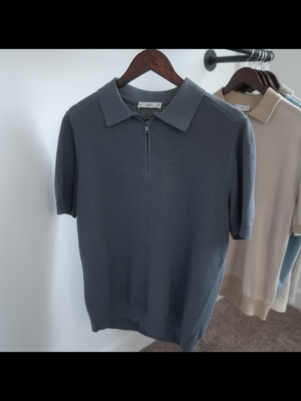 Mango Men's Short-Sleeve Zip Polo — Slate Blue